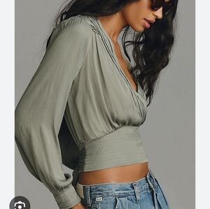 Anthropologie Tie Blouse Cream Beige Smocked Waist Size Small